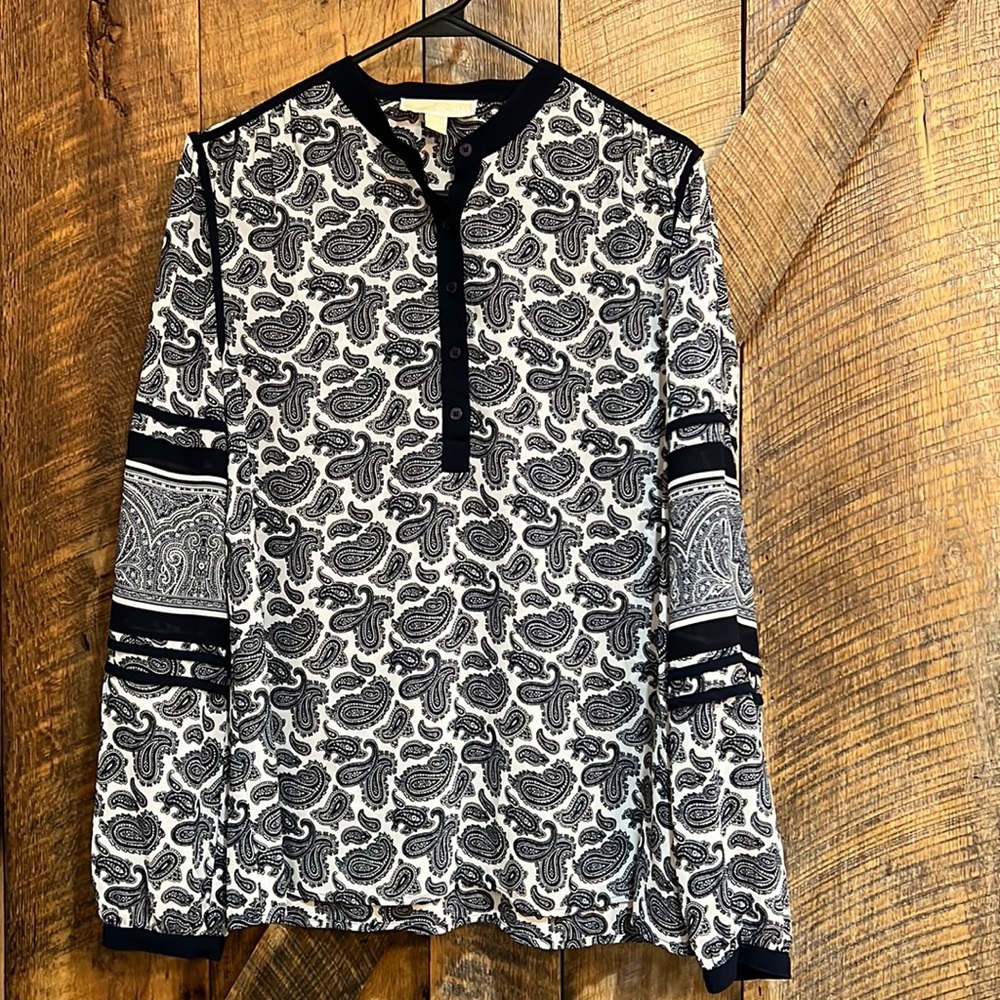 Michael Kors Paisley Round collar 5 button Long Sleeve Blouse Top Large